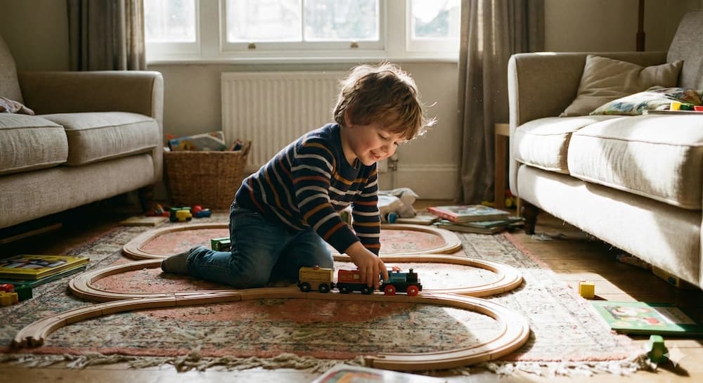 Enfant joyeux découvrant ses jouets Bibli'O