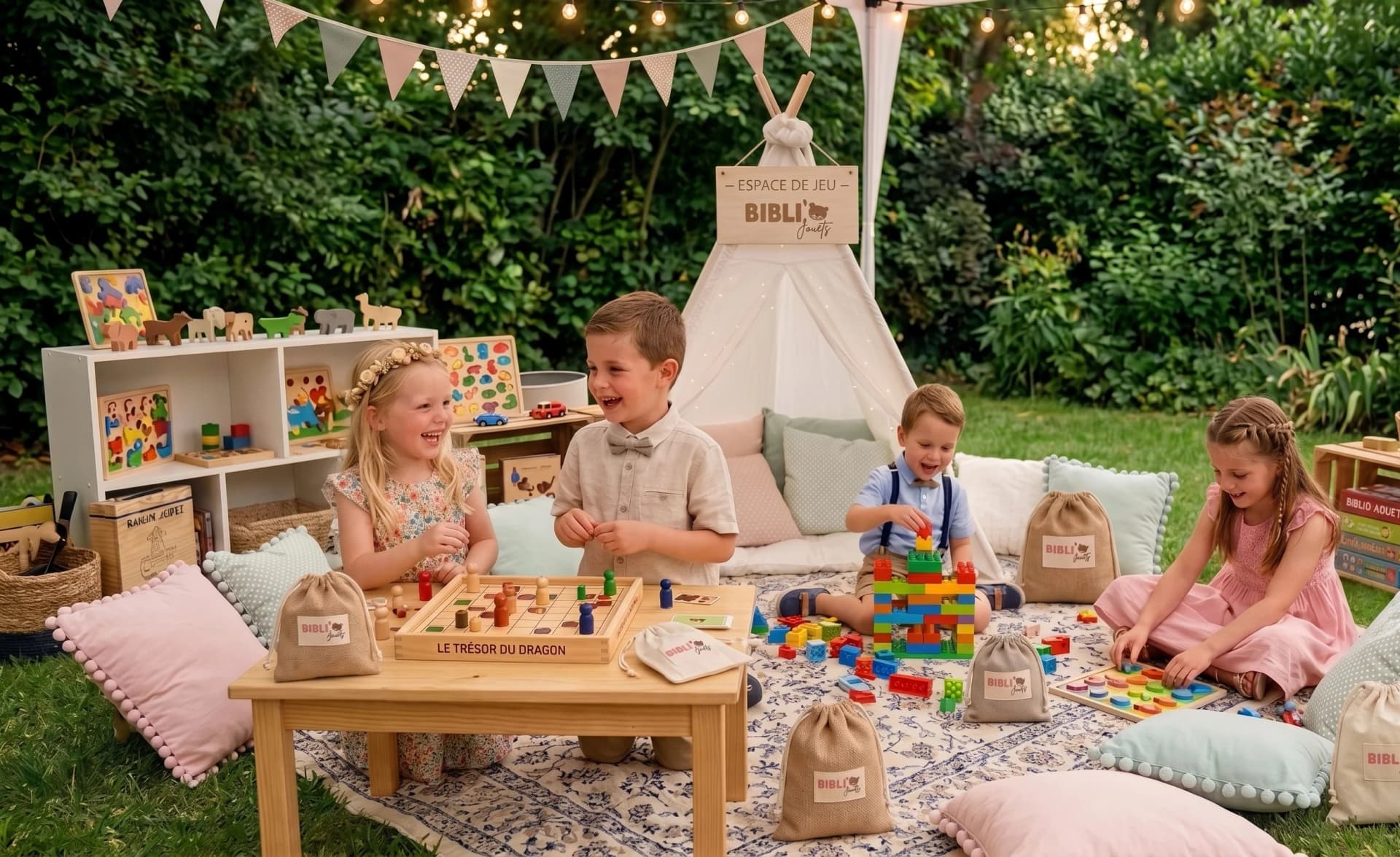Location de tipi et jouets en bois pour espace enfant mariage à Montpellier